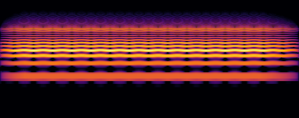 A spectrogram of a sung note, three seconds long, showing stacked horizontal lines