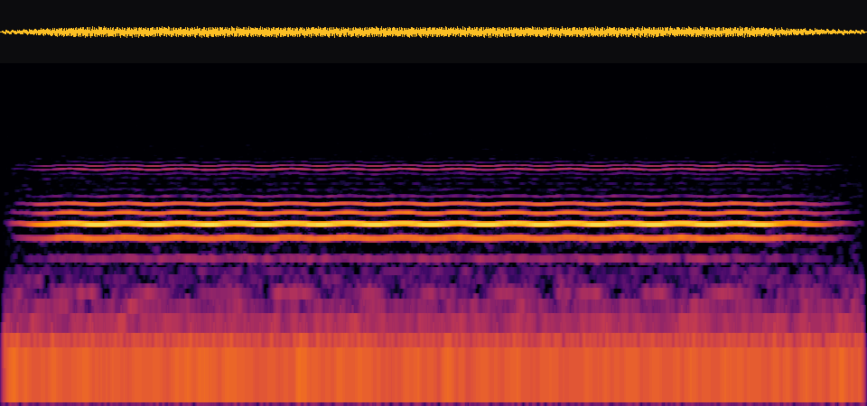 A flat featureless waveform strip above a spectrogram showing a voice, hum and noise
